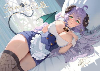 1girl ahoge apron bed bed_sheet bell black_thighhighs blue_dress blush breasts buttons check_copyright cleavage commentary_request commission copyright_request curled_horns curtains dress fishnet_thighhighs fishnets frilled_apron frills green_eyes hair_between_eyes hair_spread_out hands_on_own_chest hands_up highres horns indie_virtual_youtuber indoors large_breasts long_hair lying mole mole_on_breast neck_bell nemurine_darara_(vtuber) on_bed on_side open_mouth pointy_ears purple_hair signature skeb_commission smile solo tail thighhighs thighs underbust very_long_hair virtual_youtuber waist_apron white_apron window wings yumeto_(ym-1)