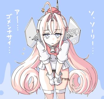 1girl apologizing bell blue_background coat commentary_request drum_(kancolle) feet_out_of_frame garrison_cap gloves grey_eyes hair_rings hat headgear highres kantai_collection leaning_forward lineart long_hair looking_at_viewer neck_bell pink_hair red_hat solo tatahai thighhighs translation_request white_coat white_gloves