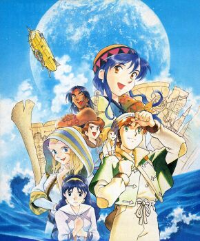 1990s_(style) aircraft alex_noah arm_tattoo bandana black_eyes black_hair blonde_hair blue_eyes blue_hair brown_eyes brown_hair dark-skinned_male dark_skin day dirigible facial_mark green_eyes hat headband highres hood hood_up jessica_de_alkirk kyle_(lunar) long_hair luna_noah lunar lunar:_the_silver_star map mia_ausa nall_(lunar) nash_rumack non-web_source official_art open_mouth orange_eyes outdoors planet red_headband retro_artstyle short_hair tattoo water widow's_peak