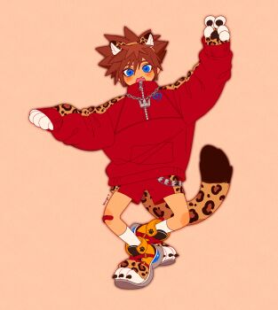 1boy absurdres alternate_costume animal_ear_headband animal_ears animal_hands animal_print arm_up bandaid bandaid_on_knee bandaid_on_leg blue_eyes brown_hair claws commentary english_commentary fang full_body highres ikkuart jewelry kingdom_hearts leopard_ears leopard_print leopard_tail looking_at_viewer male_focus necklace open_mouth orange_background outstretched_arms oversized_clothes paw_shoes pendant red_shorts red_sweater short_hair shorts simple_background solo sora_(kingdom_hearts) spiked_hair sweater tail v zipper