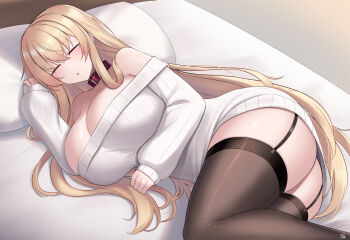 1girl ass bed bed_sheet black_garter_straps black_thighhighs blonde_hair blush breasts cleavage coat commentary_request crossed_bangs garter_straps highres huge_breasts indoors kubiwa_(kutan) kutan long_hair long_sleeves lying on_bed on_side open_mouth original pillow red_coat ribbed_sweater sidelocks sleeping solo sweater thighhighs thighs very_long_hair white_sweater