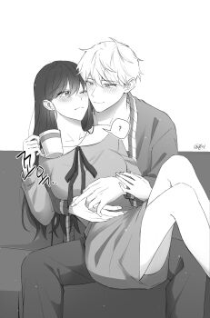 1boy 1girl absurdres black_hair blush breasts couple earrings hetero highres holding husband_and_wife jewelry large_breasts long_hair long_sleeves monochrome paper_28 red_eyes short_hair sidelocks smile spy_x_family twilight_(spy_x_family) yor_briar