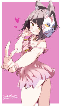 1girl :p absurdres animal_ear_fluff animal_ears artist_name ass azur_lane babydoll black_hair blush border breasts closed_mouth collarbone commentary dated foreshortening fox_ears fox_girl fox_mask heart highres looking_at_viewer mask mask_on_head mutsu_(azur_lane) nail_polish outside_border pink_babydoll purple_background purple_nails short_hair signature small_breasts solo tongue tongue_out twitter_username umyonge_(lkakeu) v white_border yellow_eyes
