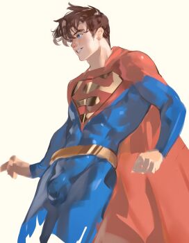 1boy black_hair blue_bodysuit blue_eyes bodysuit bulge cape daixiao41849 dc_comics feet_out_of_frame highres long_sleeves male_focus parted_hair parted_lips red_cape short_hair simple_background smile solo superboy superman_(series) superman_logo unfinished white_background