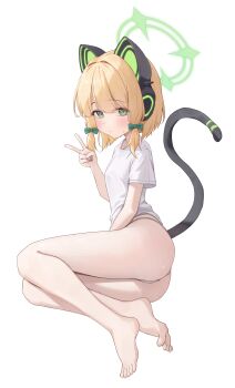 1girl absurdres alternate_costume animal_ear_headphones animal_ears ass bare_legs barefoot blonde_hair blue_archive blunt_bangs blush bow casual cat_ear_headphones cat_ears cat_tail closed_mouth commentary eyes_visible_through_hair fake_animal_ears fake_tail feet frown full_body green_bow green_eyes green_halo hair_bow hair_intakes halo hand_up headphones highres knees_together_feet_apart legs looking_at_viewer lying medium_hair midori_(blue_archive) no_pants on_side panties shirt short_sleeves sidelocks simple_background solo springrain_06 sweatdrop t-shirt tail tail_raised thighs toes underwear v white_background white_panties white_shirt