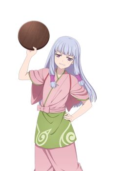 Rule 34 | 1girl, agria (tales), agria (waitress) (tales), angry, freckles, game cg, hair rings, hand on own hip, holding, holding tray, japanese clothes, kimono, long hair, low-tied sidelocks, nakai (waitress), official alternate costume, official art, purple eyes, purple kimono, sidelocks, tales of (series), tales of asteria, tales of xillia, transparent background, tray, white hair, yukata