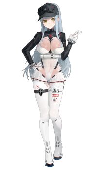 Rule 34 | 1girl, absurdres, baseball cap, black bodysuit, black hat, blue hair, bodysuit, breasts, closed mouth, commentary, full body, girls' frontline, girls' frontline 2: exilium, green eyes, hand on own hip, hat, highres, hk416 (girls' frontline), kir (khw66136132), klukai (girls' frontline 2), klukai (speed star) (girls' frontline 2), large breasts, long hair, multicolored bodysuit, official alternate costume, ponytail, sidelocks, simple background, smile, solo, standing, tattoo, teardrop facial mark, teardrop tattoo, two-tone bodysuit, v, white background, white bodysuit