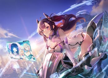 4girls amy_(master_of_eternity) arabian_clothes artist_request ass bad_source black_choker black_gloves black_hair blue_eyes blue_sky blush boots breast_rest breasts brown_hair camisole center_opening choker cityscape cleavage cleavage_cutout closed_eyes clothing_cutout cloud cockpit crop_top dark-skinned_female dark_skin day detached_sleeves frilled_camisole frills gem gloves green_camisole grin hair_ornament hat highres holographic_interface holographic_monitor large_breasts layla_(master_of_eternity) leotard long_hair lucy_(master_of_eternity) master_of_eternity medium_breasts multiple_girls open_mouth orange_eyes piloting pink_gem pink_hat purple_eyes purple_gem purple_hair rocinante_(master_of_eternity) science_fiction sky smile thigh_boots thighs twintails white_boots white_hair white_leotard white_sleeves