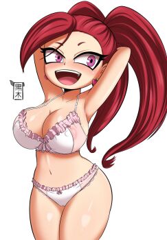 1girl arms_behind_head blush boku_no_hero_academia bra breasts collarbone cowboy_shot earrings jewelry kurokiart97 la_brava large_breasts long_hair navel open_mouth panties purple_eyes red_hair shortstack smile solo standing teeth twintails underwear upper_teeth_only white_bra white_panties
