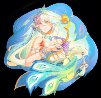 1girl absurdres armlet blue_eyes bracelet chinese_clothes earrings fire fur_trim gradient_hair hair_between_eyes hashtag-only_commentary highres honkai:_star_rail honkai_(series) jewelry multicolored_hair necklace ofuda peacock_feathers_hair_ornament rii1111r single_earring smile tassel white_hair yao_guang_(honkai:_star_rail)