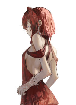 1girl absurdres ange_katrina ange_katrina_(3rd_costume) back backless_dress backless_outfit bare_shoulders blue_eyes breasts bridal_gauntlets cokei dress earrings floral_print floral_print_dress from_behind halter_dress halterneck hashtag-only_commentary highres jewelry medium_hair nijisanji open_mouth pink_bridal_gauntlets print_dress red_dress red_hair sideboob simple_background sleeveless sleeveless_dress small_breasts solo upper_body variant_set virtual_youtuber white_background