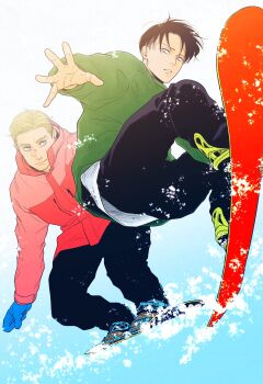 Rule 34 | 2boys, alternate costume, arm up, black pants, blonde hair, blue eyes, blue gloves, brown hair, commentary request, erwin smith, full body, gloves, green jacket, highres, ikichi8tkjn, jacket, levi (shingeki no kyojin), looking to the side, male focus, multiple boys, outstretched arm, pants, parted hair, parted lips, red jacket, shingeki no kyojin, shirt, sideways glance, snow, snowboard, snowboarding, thick eyebrows, white shirt, winter