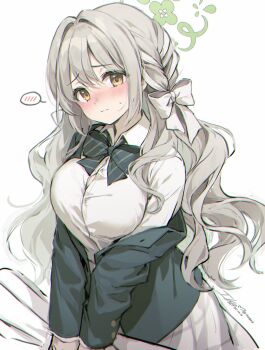 1girl black_jacket blue_archive blush bow bowtie braid breasts button_gap closed_mouth collared_shirt cowboy_shot grey_hair hair_bow halo highres ika_(4801055) jacket large_breasts long_hair looking_at_viewer miyo_(blue_archive) nose_blush off_shoulder school_uniform shirt simple_background skirt solo spoken_blush white_background white_shirt white_skirt yellow_eyes