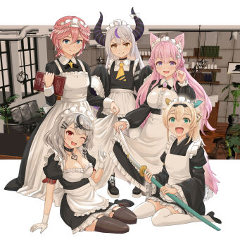 >:) 3d_background 5girls ;d ahoge alternate_costume animal_ear_fluff animal_ears antenna_hair apron black_dress black_garter_straps black_hairband black_horns black_kimono black_thighhighs blonde_hair blue_eyes bow braid braided_bangs braided_bun breasts center-flap_bangs cleavage closed_mouth comiket_101 commentary_request demon_horns detached_collar double-parted_bangs double_bun dress enmaided framed_breasts frilled_apron frilled_dress frills full_body garter_straps green_eyes grey_hair hair_between_eyes hair_bow hair_bun hair_ornament hairband hairclip hakui_koyori haniwa_(leaf_garden) head_wings hexagon_hair_ornament highres holding holding_sword holding_weapon hololive holox horns japanese_clothes jersey_maid katana kazama_iroha kimono kimono_skirt la+_darknesss large_breasts long_dress long_hair long_sleeves looking_at_viewer maid maid_apron maid_cafe maid_headdress medium_hair multicolored_bow multiple_girls neckerchief one_eye_closed open_mouth outside_border pink_hair pink_wings pointy_ears ponytail purple_eyes purple_streaks red_eyes sakamata_chloe shirt short_dress short_hair short_kimono side_braid sidelocks single_hair_streak skirt_hold sleeve_garter small_breasts smile striped_horns sword tail takane_lui thighhighs unconventional_maid underbust v-shaped_eyebrows very_long_hair virtual_youtuber wa_maid waist_apron wavy_hair weapon white_apron white_shirt white_thighhighs wings wispy_bangs wolf_ears wolf_girl wolf_tail x_hair_ornament yellow_eyes yellow_neckerchief zettai_ryouiki