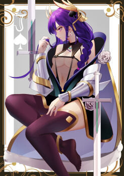 1girl absurdres alternate_costume alternate_universe anklet bare_shoulders blunt_bangs braid breasts cape card card_(medium) cleavage closed_mouth commentary_request earrings eyeliner from_side genshin_impact hair_ornament hair_over_shoulder headpiece highres jewelry large_breasts long_braid long_hair looking_down luai makeup navel no_shoes pink_lips pink_nails playing_card purple_eyes purple_hair queen_(playing_card) queen_of_spades_(playing_card) raiden_shogun red_eyeliner see-through_clothes single_braid soles solo spade_(shape) spade_hair_ornament stomach sword thighhighs weapon