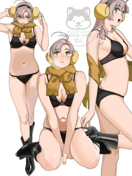 1girl absurdres antenna_hair black_boots black_bra black_panties boots bra brown_scarf cowboy_shot earmuffs feet_out_of_frame full_body green_eyes grey_hair highres kantai_collection kinugasa_(kancolle) kinugasa_kai_ni_(kancolle) long_hair ojipon panties scarf simple_background sitting solo standing underwear underwear_only wariza watermark white_background