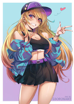 1girl absurdres artist_name bare_shoulders baseball_cap black_skirt blonde_hair blue_jacket breasts cleavage commentary ear_piercing earrings grin gyaru hand_in_own_hair hat heart highres jacket jewelry kitagawa_marin large_breasts leofoxart long_hair looking_at_viewer multicolored_hair piercing pink_eyes pink_hair ring skirt smile solo sono_bisque_doll_wa_koi_wo_suru two-tone_hair