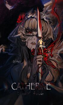 1boy 1girl absurdres artist_name black_sclera blood bloody_knife bridal_veil brown_hair catherine_(game) colored_sclera copyright_name cracked_face dark_background giant giantess glasses highres holding holding_knife holding_pillow holding_weapon horns katherine_mcbride kexiu knife long_hair mini_person miniboy pillow rectangular_eyewear red_eyes sheep_horns size_difference veil vincent_brooks weapon