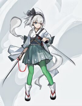 1girl absurdres aliaos alternate_costume black_hairband blue_eyes chinese_commentary commentary_request cross-section dual_wielding full_body green_pantyhose green_skirt grey_hair hairband highres hitodama hitodama_print holding holding_sword holding_weapon japanese_clothes katana kimono konpaku_youmu konpaku_youmu_(ghost) long_sleeves medium_hair okobo pantyhose platform_sandals sandals second-party_source skirt socks solo sword touhou weapon white_kimono white_socks wide_sleeves