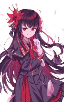 Rule 34 | 1girl, black hair, black shirt, black skirt, blunt bangs, blunt ends, closed mouth, collared shirt, comet pun, crown, flower, glass shards, gloves, hair flower, hair ornament, highres, long hair, long sleeves, looking at viewer, mahou shoujo no majo saiban, necktie, nikaido hiro, pleated skirt, red eyes, red flower, red necktie, shirt, simple background, skirt, smile, solo, standing, white background, white gloves