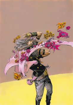 Rule 34 | 1boy, absurdres, araki hirohiko, arm warmers, armband, ball, beard, belt, belt buckle, black arm warmers, black armband, black sleeves, buckle, cape, cowboy hat, facial hair, flower, goggles, goggles on headwear, grey belt, grey hair, grey hat, grey pants, grey sleeves, gyro zeppeli, hat, hatching (texture), highres, holding, holding ball, holster, jojo no kimyou na bouken, jojo pose, long hair, makeup, male focus, official art, pants, pink cape, pink flower, scan, short sleeves, solo, steel ball (jojo), steel ball run, traditional media, two-tone sleeves, yellow flower, yellow lips