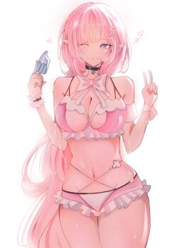 1girl ;) bell blue_eyes breasts bunnyselina cleavage commentary commission elf elysia_(honkai_impact) elysia_(miss_pink_elf)_(honkai_impact) elysia_(summer_miss_elf)_(honkai_impact) english_commentary food highres holding holding_food holding_popsicle honkai_(series) honkai_impact_3rd large_breasts long_hair looking_at_viewer midriff navel neck_bell one_eye_closed pink_hair pointy_ears popsicle prototype_design simple_background smile solo swept_bangs thighs v very_long_hair white_background