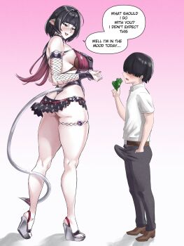 1boy 1girl age_difference animal_ears ass black_hair black_one-piece_swimsuit blue_eyes breasts bulge commentary detached_sleeves english_commentary english_text erection erection_under_clothes fishnet_sleeves fishnets gradient_hair highres jane_doe_(nocturne_of_light)_(zenless_zone_zero) jane_doe_(zenless_zone_zero) large_breasts long_hair money mouse_ears mouse_girl mouse_tail multicolored_hair one-piece_swimsuit onee-shota prostitution red_hair red_one-piece_swimsuit sharp_tail speech_bubble swimsuit sxz-77 tail two-tone_one-piece_swimsuit zenless_zone_zero