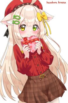 Rule 34 | 1girl, ahoge, animal ears, artist name, beret, blush, bow, box, brown skirt, cat ears, cat girl, cat tail, commentary request, fish hair ornament, green eyes, hair bow, hair ornament, hairclip, hat, hazakura hinata, heart-shaped box, heterochromia, highres, holding, kurumi (hazakura hinata), long hair, long sleeves, looking at viewer, original, plaid clothes, plaid skirt, pleated skirt, shirt, shirt tucked in, simple background, skirt, smile, solo, tail, white background, yellow bow, yellow eyes