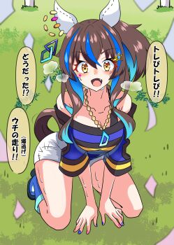 1girl absurdres akkunz animal_ears bare_shoulders black_hair blue_hair blue_nails blue_shoes breasts cleavage colored_inner_hair commentary_request daitaku_helios_(fun_fun_party_night)_(umamusume) daitaku_helios_(umamusume) ear_covers fang hair_ornament hairclip happy highres horse_ears horse_girl horse_tail kneeling long_hair looking_at_viewer medium_breasts multicolored_hair on_grass outdoors red_nails shoes shorts side_ponytail solo tail umamusume white_shorts yellow_eyes
