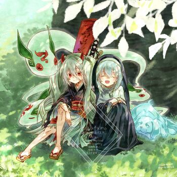 Rule 34 | black dress, dog, dress, duel monster, ghost ogre &amp; snow rabbit, ghost sister &amp; spooky dogwood, grass, grey hair, highres, horns, japanese clothes, jewelry, kimono, light smile, long hair, mizutama (mizutamalion), nun, obi, open mouth, over shoulder, red eyes, sash, sidelocks, sitting, smile, snow rabbit, spirit, traditional nun, veil, very long hair, weapon, weapon over shoulder, yu-gi-oh!