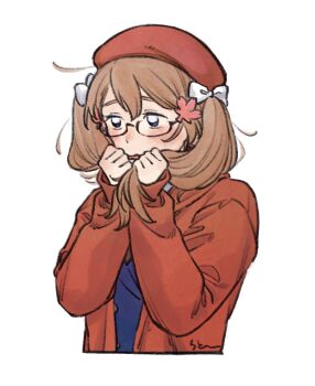 1girl ahoge axis_powers_hetalia beret blue_eyes blue_vest blush bow brown_hair buttons canada_(female)_(hetalia) canada_(hetalia) commentary_request genderswap genderswap_(mtf) glasses hair_between_eyes hair_bow hair_ornament hands_up hat highres hood hoodie lapels long_hair long_sleeves looking_afar maple_leaf_hair_ornament mi_aph_to open_clothes open_hoodie open_mouth puffy_long_sleeves puffy_sleeves red-framed_eyewear red_hat red_hoodie semi-rimless_eyewear simple_background solo twintails upper_body vest white_background white_bow