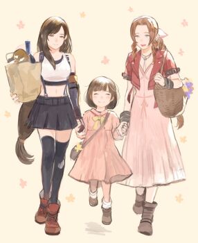 3girls aerith_gainsborough bag bangle bare_shoulders black_bra black_skirt black_thighhighs bob_cut boots bottle bow bowtie bra bracelet braid braided_ponytail bread breasts brown_boots brown_hair child choker closed_eyes closed_mouth commentary_request crop_top cropped_jacket dress earrings elbow_gloves final_fantasy final_fantasy_vii final_fantasy_vii_remake fingerless_gloves flower_choker food full_body gloves green_eyes hair_ribbon highres holding holding_bag holding_hands j2_path jacket jewelry loaf_of_bread long_dress long_hair marlene_wallace medium_breasts midriff miniskirt multiple_girls open_mouth parted_bangs pink_dress pink_ribbon pleated_skirt red_boots red_eyes red_jacket ribbon short_hair short_sleeves shoulder_bag sidelocks single_braid single_sidelock skirt smile socks sports_bra suspenders thighhighs tifa_lockhart underwear walking white_socks yellow_bow yellow_bowtie