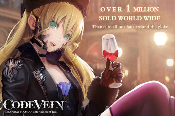 1girl artist_request black_choker black_hat black_jacket blonde_hair blurry blurry_background choker code_vein copyright_logo copyright_notice cup depth_of_field drinking_glass english_text fur_trim gloves green_eyes hat highres holding indoors jacket logo long_hair long_sleeves looking_at_viewer mia_karnstein milestone_celebration official_art open_mouth silver_trim sitting smile solo teeth thank_you twintails upper_teeth_only wine_glass