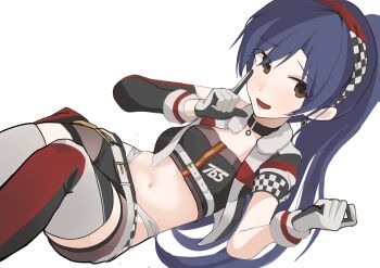 1girl absurdres belt black_choker blue_hair breasts brown_eyes ch2haya_p choker commentary cropped_jacket earrings gloves grey_gloves hairband highres idolmaster idolmaster_(classic) idolmaster_million_live! idolmaster_million_live!_theater_days index_finger_raised jewelry kisaragi_chihaya kisaragi_chihaya_(chy-k) long_hair lying midriff navel official_alternate_costume official_alternate_hairstyle on_back open_mouth ponytail short_shorts short_sleeves shorts simple_background single_sleeve small_breasts solo strapless symbol-only_commentary tube_top white_background white_belt
