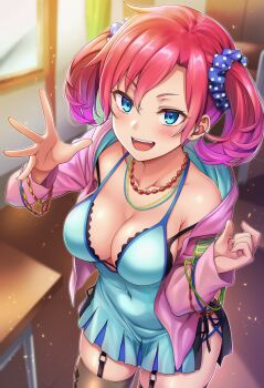 1girl black_thighhighs blue_camisole blue_eyes breasts camisole cleavage digimon digimon_story digimon_story:_cyber_sleuth highres jacket large_breasts long_hair medium_breasts okasa_re_taii pink_jacket red_hair shiramine_nokia sideless_outfit smile thighhighs thighs twintails