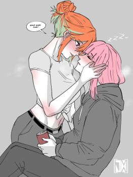 2girls alternate_costume blush breasts couple english_text green_hair height_difference highres hololive hololive_english jasper_xandros large_breasts long_hair mori_calliope multicolored_hair multiple_girls open_mouth orange_hair sleeping takanashi_kiara yuri