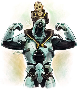 alien drell geth highres lintufriikki mass_effect_(series) robot sitting_on_shoulder tumblr tumblr_username