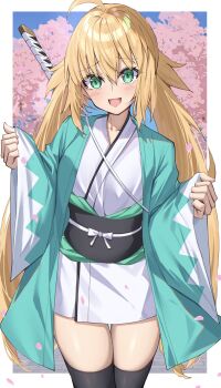 Rule 34 | 1girl, absurdres, ahoge, artoria caster (fate), artoria pendragon (fate), blonde hair, blue haori, blush, fate/grand order, fate (series), green eyes, haori, highres, japanese clothes, looking at viewer, open mouth, shinsengumi, solo, sword, thighhighs, toukan, twintails, weapon