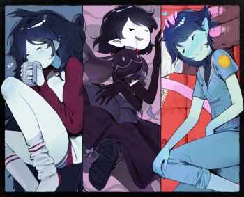 adventure_time adventure_time:_fionna_and_cake bite_mark black_hair blood blood_from_mouth colored_skin couch demon_girl fangs grey_skin hand_on_another's_head highres lap_pillow lavelis marceline_abadeer multiple_persona on_couch pointy_ears princess_bonnibel_bubblegum smile socks the_star_(adventure_time) vampire