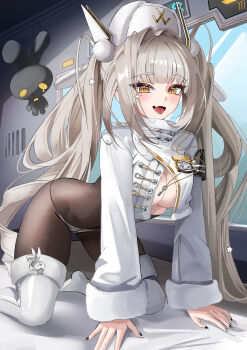 Rule 34 | 1girl, absurdres, all fours, black pantyhose, blanc (fortune express) (nikke), blanc (nikke), boots, breasts, coat, commentary request, fang, fur-trimmed boots, fur trim, goddess of victory: nikke, grey hair, hat, highres, long hair, looking at viewer, luto, medium breasts, official alternate costume, official alternate hairstyle, open mouth, panties, panties under pantyhose, pantyhose, skin fang, smile, solo, twintails, underwear, very long hair, white boots, white coat, white hat, white panties, winter clothes, winter coat, yellow eyes