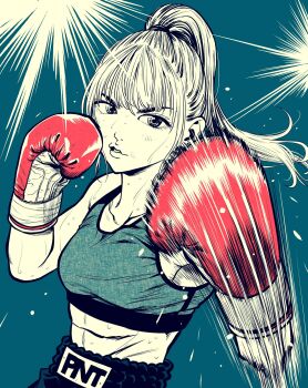1girl boxing boxing_gloves boxing_shorts breasts commentary_request gloves high_ponytail highres lee_(dragon_garou) limited_palette lips original parted_lips ponytail punching red_gloves shorts sidelocks small_breasts solo sports_bra sweat toned toned_female upper_body v-shaped_eyebrows