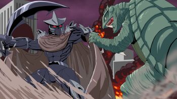 1boy abs building cable cape city claws cloud cloudy_sky crossover daiei_film denkou_choujin_gridman dust elbow_blade elbow_spikes fire gamera gamera_(series) gamera_2:_attack_of_legion giant giant_monster glowing glowing_eyes green_eyes helmet kahn_digifier kaijin kaiju mask monster muscular muscular_arms muscular_legs muscular_male night no_humans no_pupils nyoki_naioki open_mouth overcast purple_sky red_eyes sky skyscraper smoke supervillain sword teeth tsuburaya_productions turtle turtle_shell tusks weapon