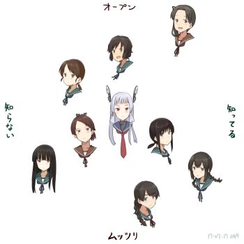 10s 6+girls ayanami_(kancolle) blush braid brown_eyes brown_hair chart dated fubuki_(kancolle) hatsuyuki_(kancolle) head headgear isonami_(kancolle) kantai_collection kawashina_(momen_silicon) long_hair miyuki_(kancolle) multiple_girls murakumo_(kancolle) neck_ribbon necktie ponytail red_eyes ribbon sailor_collar shikinami_(kancolle) shirayuki_(kancolle) short_hair short_ponytail side_ponytail translation_request twin_braids uranami_(kancolle) white_background white_hair