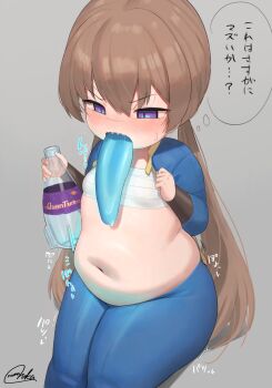 1girl bottle breasts brown_hair chest_sarashi fallout fat fat_woman grey_background highres loli long_hair long_tongue navel nuka-cola oruka_(kamituki0827) sarashi sharp_teeth simple_background small_breasts soda_bottle teeth tongue tongue_out tsukuyomi_ai twintails vault_suit voiceroid