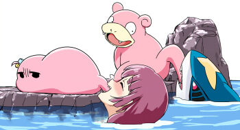 1girl biting_another&#039;s_tail blush bocchi_the_rock! commentary fangs gen_1_pokemon gen_3_pokemon gotoh_hitori gotoh_hitori_(tsuchinoko) highres hiroi_kikuri looking_back nintendo partially_submerged pokemon pokemon_(creature) purple_hair rock sharp_teeth sharpedo slowpoke symbol-only_commentary tail teeth torako_(toramaru) water white_background