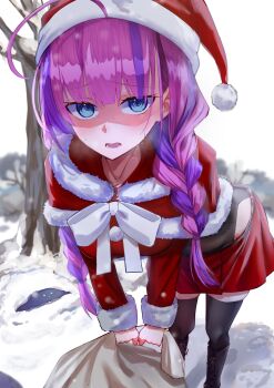 Rule 34 | 1girl, absurdres, ahoge, alternate costume, bag, black leotard, blue eyes, blush, boots, bow, bowtie, braid, breasts, breath, christmas, christmas outfit, clothing cutout, date akari, hat, heaven burns red, highres, hip vent, holding, holding bag, kisaragi yayoi (ksrg yayoi), leaning forward, leotard, long hair, long sleeves, looking at viewer, multicolored hair, open mouth, outdoors, pink hair, purple hair, red skirt, santa costume, santa hat, shaded face, shirt, skirt, snow, solo, standing, streaked hair, sweat, sweatdrop, twin braids, two-tone hair, white bow, white bowtie