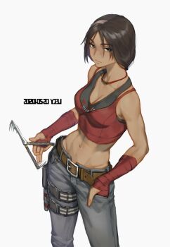 1girl abs animification artist_name balisong bandaged_arm bandages black_sports_bra breasts brown_eyes brown_hair caveira_(rainbow_six_siege) cleavage commentary_request contrapposto cowboy_shot crop_top dark-skinned_female dark_skin dated denim fingernails folding_knife grey_pants gun hand_in_pocket handgun holding holding_knife holster holstered jeans jewelry knife low_ponytail medium_breasts midriff muscular muscular_female navel necklace pants pistol ponytail rainbow_six rainbow_six_siege red_tank_top solo spinning_weapon sports_bra switchblade tank_top thigh_holster toned weapon white_background youzu_(youzuyozu)