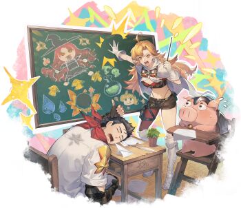 1boy 1girl absurdres ahoge angry armored_animal asymmetrical_legwear bandana bandana_around_neck barbecue_(sword_of_convallaria) bell black_hair blonde_hair boots border bread breasts cape chalk_drawing chalkboard cleavage desk drooling fading_border fiamma_(sword_of_convallaria) fingerless_gloves flying_sweatdrops food game_cg gloves goggles goggles_around_neck grin head_on_table highres hitting holding holding_pointer jacket long_hair luvata_(sword_of_convallaria) midriff neck_bell non-web_source official_art oilo_(sword_of_convallaria) open_mouth pants paper_airplane pig pointer quill red_bandana short_hair short_shorts short_sleeves shorts sitting smile sword_of_convallaria team_meteor thumbs_up transparent_border white_cape white_gloves white_pants yellow_eyes