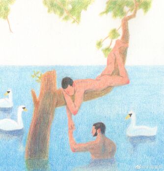 2boys absurdres ass bara beard bird buzz_cut completely_nude couple dagou_(yuzhou_fei_gou) faceless faceless_male facial_hair full_body hand_up highres holding_hands male_focus multiple_boys nude ocean original painterly partially_submerged short_hair sideburns sitting_on_branch swan very_short_hair watermark weibo_watermark yaoi