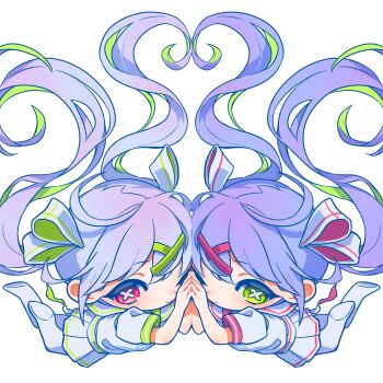 2girls boots character_request chibi chibi_only closed_mouth commentary_request copyright_request double-parted_bangs dress floating_hair green_eyes grey_boots grey_dress grey_ribbon hair_ornament hair_ribbon highres holding_hands long_hair looking_at_viewer multiple_girls okubatomaeba pink_eyes purple_hair ribbon simple_background symbol-shaped_pupils symmetrical_pose symmetry white_background x-shaped_pupils x_hair_ornament